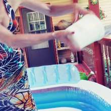 MadelineOasis: Bailing Out the Pool Wearing a Colorful Maxi Dress