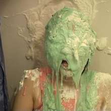 Alumi: Sexy Japanese girl pied in the face and slimed, showing her bare soles