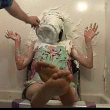 Alumi: Sexy Japanese girl pied in the face and slimed, showing her bare soles