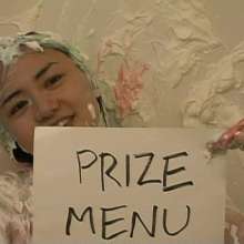Alumi: Sexy Japanese girl pied in the face and slimed, showing her bare soles