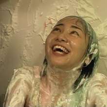 Alumi: Sexy Japanese girl pied in the face and slimed, showing her bare soles
