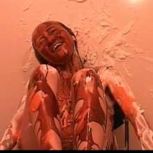 Alumi: Sexy Japanese girl pied in the face and slimed, showing her bare soles