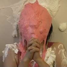 Alumi: Sexy Japanese girl pied in the face and slimed, showing her bare soles