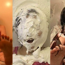 Alumi: Sexy Japanese girl pied in the face and slimed, showing her bare soles