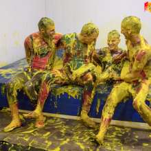WamtasticUK: 4 Guys in Spidey Lycra Suits Wrestling in Yellow Gunge