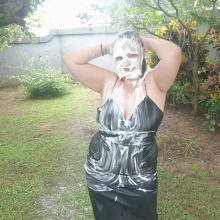 Darkabyss445: Gettting Messy with Pies and Water in My Leather Dress
