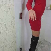 Tight and Wet Clothes: Chloe Showers in Red Dress and  Black Boots
