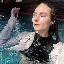 WetlookFashion: Lilith Swims in Leggings, Boots and Leather Jacket