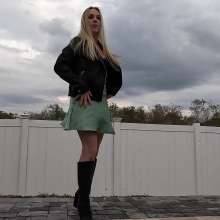 WetlookFashion: Mandi in Her Silky Green Skirt, Black Top and Boots