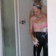 Thefetishgirl: Hair Wash in Bikini Top and Shiny Leggings