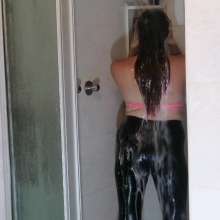 Thefetishgirl: Hair Wash in Bikini Top and Shiny Leggings