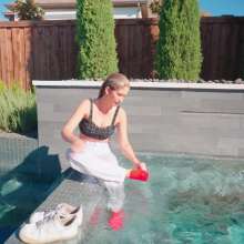 WetlookFashion: Kate's Morning Swim Wearing White Jeans, Top and Sneakers