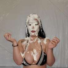 Slimed Models: Asian Babe with Huge Boobs Pies Herself, Takes Her Top Off, sits in a Cake