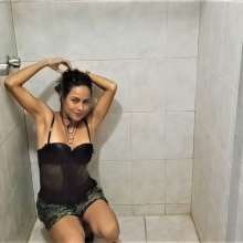 MadelineOasis: Red Hot Clara Has Shower Sex in a Skirt and Bustier