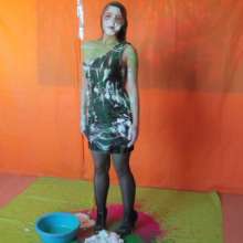 lovingmessy4you: Slime and Pie in the Face Black Dress and Pantyhose
