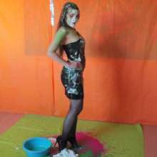 lovingmessy4you: Slime and Pie in the Face Black Dress and Pantyhose