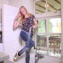 WetPlace: Beautiful Eileen Taking Shower In Jeans And Floral T-shirt