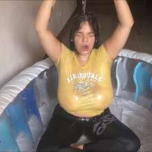 RevSlymsford: Gaby Soaks Her T-Shirt And Leggings In The Pool