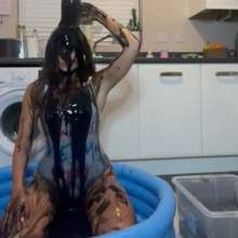 WAMfuns Messy Forfeits: Queen Peach Black Gunge In Swimsuit