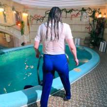 Wet Live Team: All Wet in the Pool Dressed in a Chic Blue Tracksuit