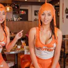 MMasia: Hooters girls having a great time with orange gunge and whipped cream