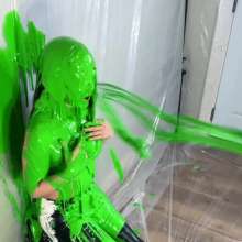 Miss Nicole: Meredith Blasted With Green Slime in Aritzia Leather Jeans