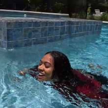 WetlookFashion: Natalie Swims in a Red and Black Business Outfit