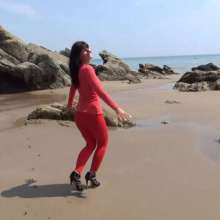 WSMProductions: Dee Wet Look at the Beach in Red Leggings and Red Top