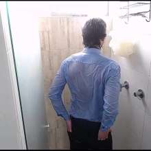WETColours: Ross in the Shower Wearing a Light Blue Shirt and Jeans