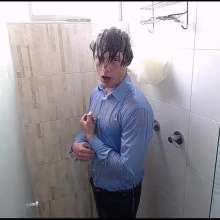 WETColours: Ross in the Shower Wearing a Light Blue Shirt and Jeans