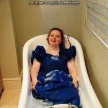 DungeonMasterOne: Redhead Cynthia takes a bubble-bath in a beautiful blue formal gown!