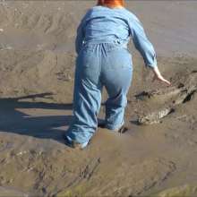 DungeonMasterOne: Mud!  Rosemary wears dungarees, white t-shirt, and denim jacket in the mud