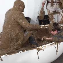 WamtasticUK: 3 Cute Guys in Smart Suits Pushed into Muddy Bath