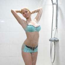 WSMProductions: Emma under the Shower in Leather Knee Boots and Black Gown