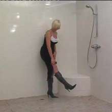 WSMProductions: Emma under the Shower in Leather Knee Boots and Black Gown