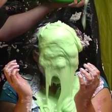 Alumi: 3 Asian girls with their feet in gunk, and faces covered in pies and slime