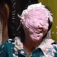 Alumi: 3 Asian girls with their feet in gunk, and faces covered in pies and slime