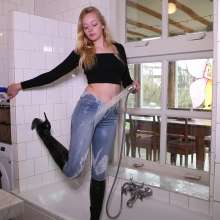 WetPlace: Beautiful Eileen Taking Shower In Jeans And High Heel Boots