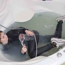 Wet Live Team: Nastya in a Wet Velor Suit and a Transparent White Tshirt