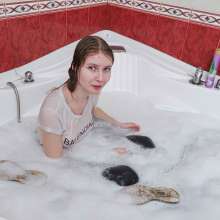 Wet Live Team: Nastya in a Wet Velor Suit and a Transparent White Tshirt