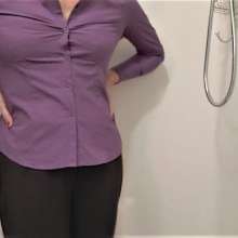 MadelineOasis: Slacks and Purple Button Down Blouse in Shower