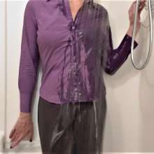 MadelineOasis: Slacks and Purple Button Down Blouse in Shower