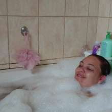 Darkabyss445: Topless Hairwash and Condition in Bubble Bath
