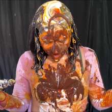 RevSlymsford: Bell Bottom Tefy!  Self Trashes With Eggs, Cake, Choc Sauce +