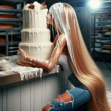 splathair2020: AI blonde women enjoying cake