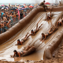 Bobographer: 'Mud Mountain' beach game show--race to slide down the hill