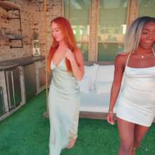 WetlookFashion: Emma and Naomi Take a Splash in Satin Dresses and Heels