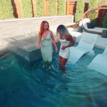 WetlookFashion: Emma and Naomi Take a Splash in Satin Dresses and Heels