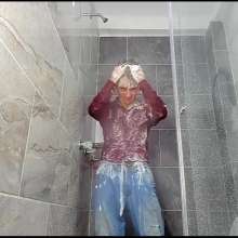 WETColours: Nico Takes a Shower in a Red Shirt and Jeans with Shampoo