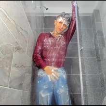 WETColours: Nico Takes a Shower in a Red Shirt and Jeans with Shampoo
